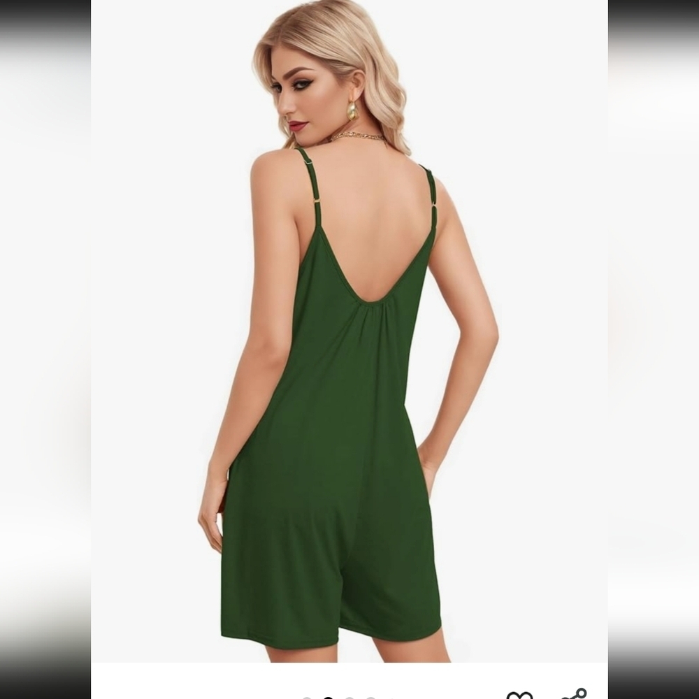 Buauty Women's Green Sleeveless Loose Adjustable Strap Romper with Pockets Sz S - Picture 3 of 14
